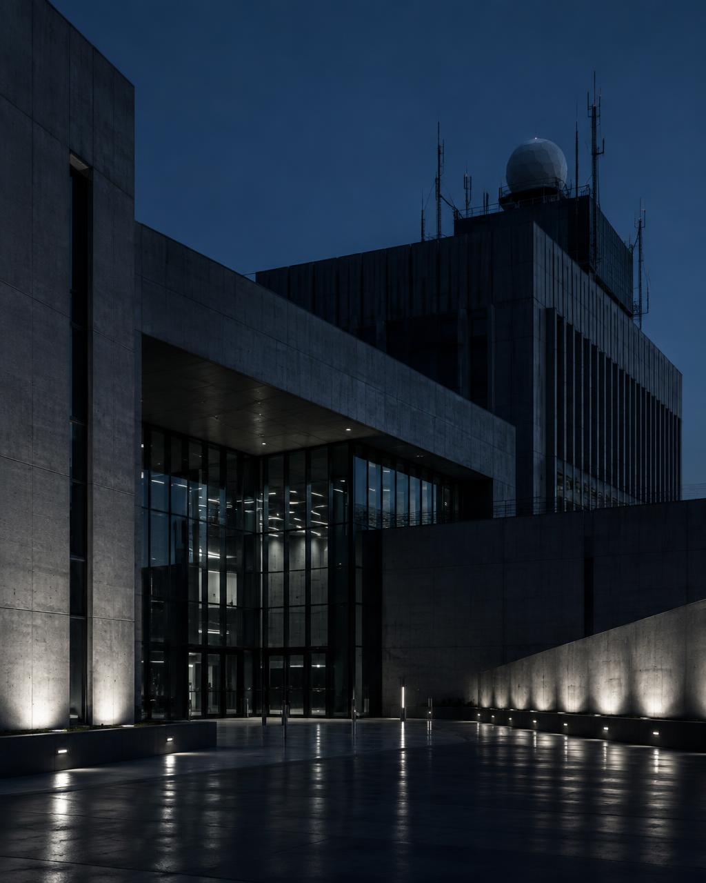 Secure government technology facility at dusk